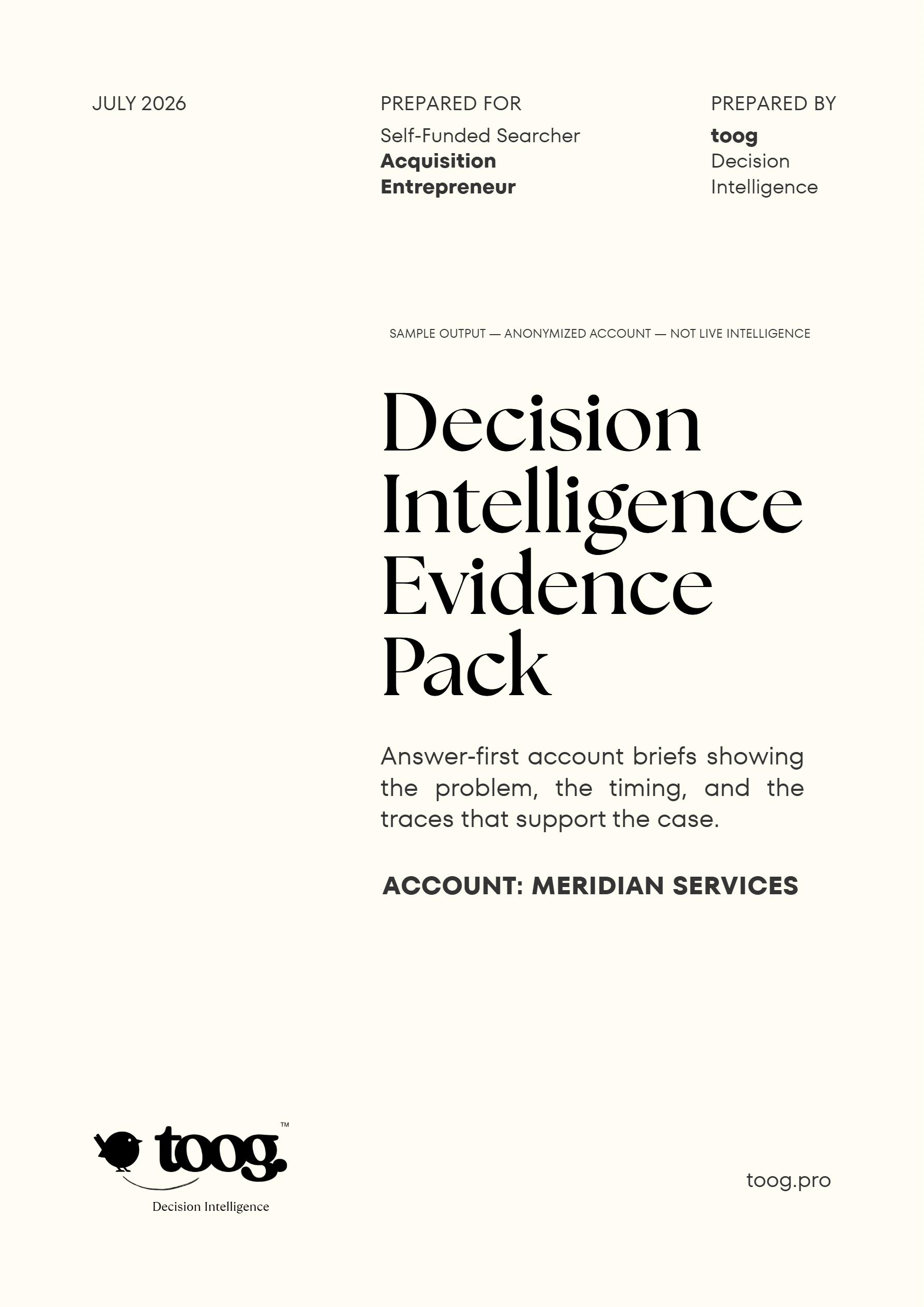 toog Decision Intelligence Evidence Pack cover, Meridian Services