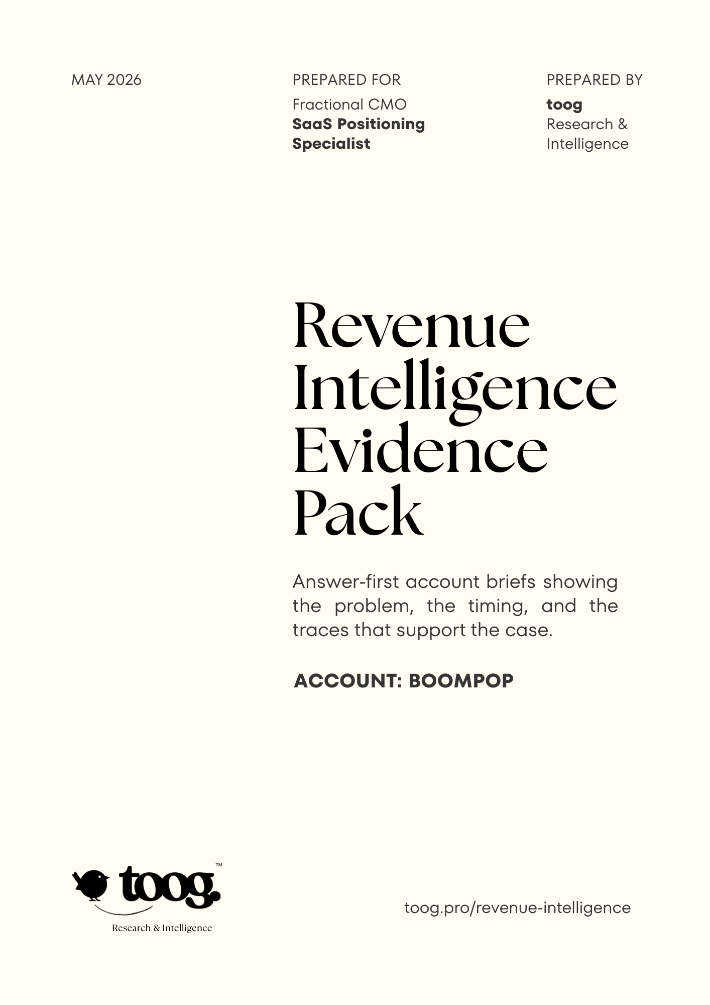 BoomPop Evidence Pack cover, prepared for Fractional CMO, SaaS Positioning Specialist