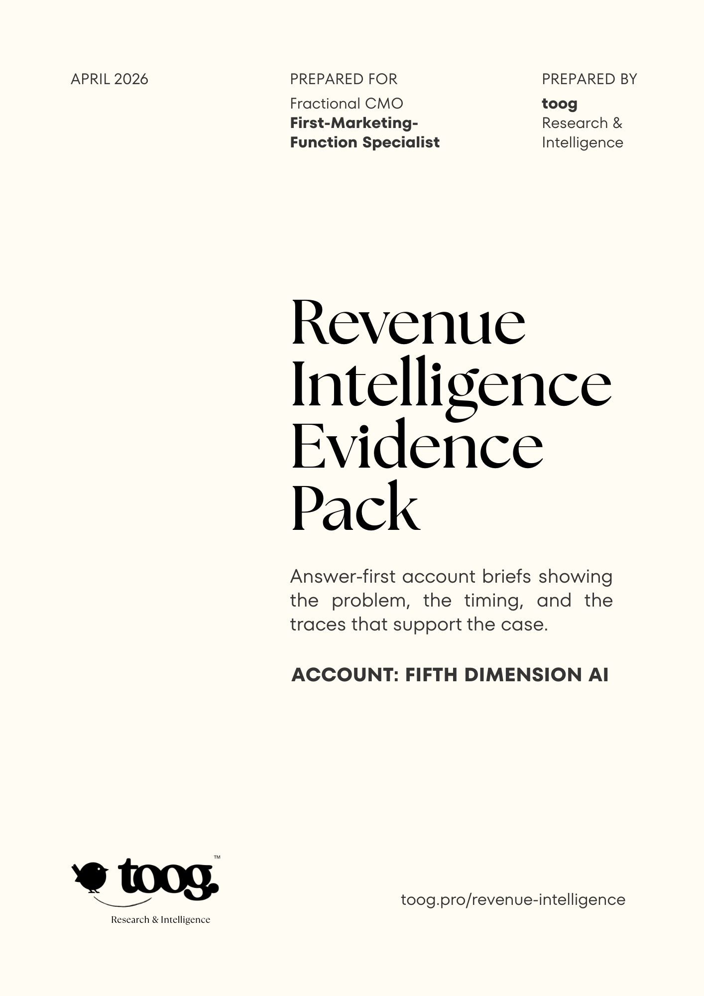 Fifth Dimension AI Evidence Pack cover, prepared for Fractional CMO, First-Marketing-Function Specialist