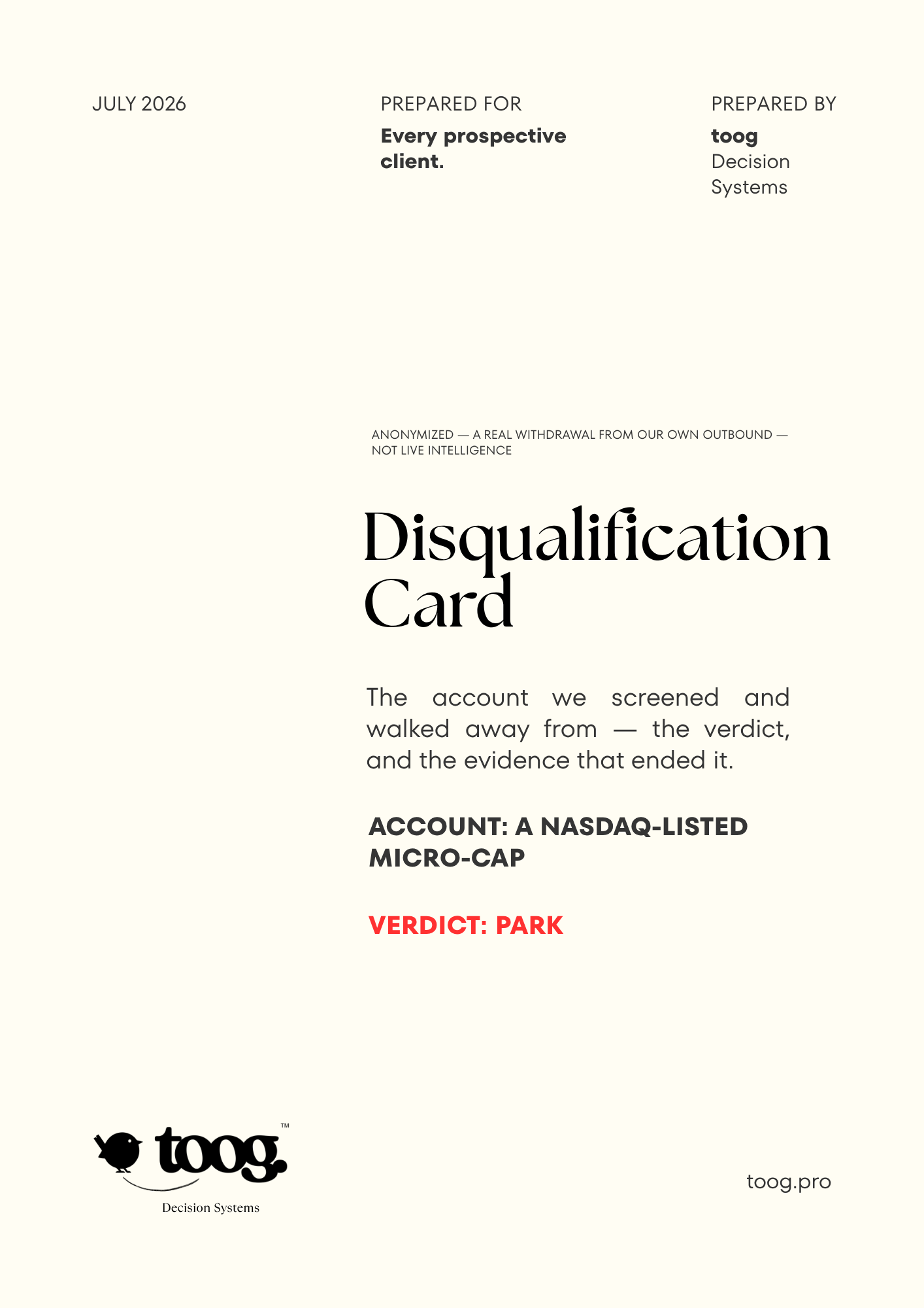 Disqualification Card cover, PARK verdict, a Nasdaq-listed micro-cap